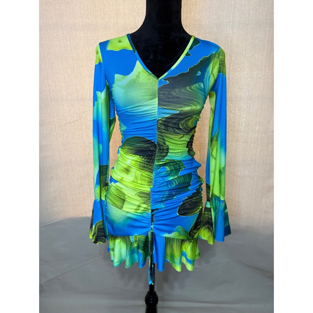 Blue and Lime Green Abstract Print Ruched Bodycon Mini Dress with Bell Sleeves